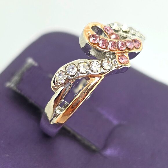 Pink Breast Cancer Awareness Ribbon Rose Gold Silver Rhodium Plated Ring SZ 7 - Picture 6 of 17